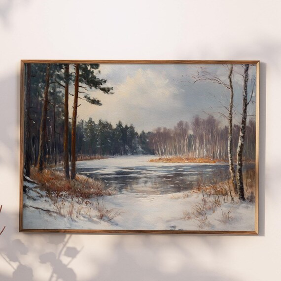 Vintage Frozen Lake Landscape Art Print, Winter Forest