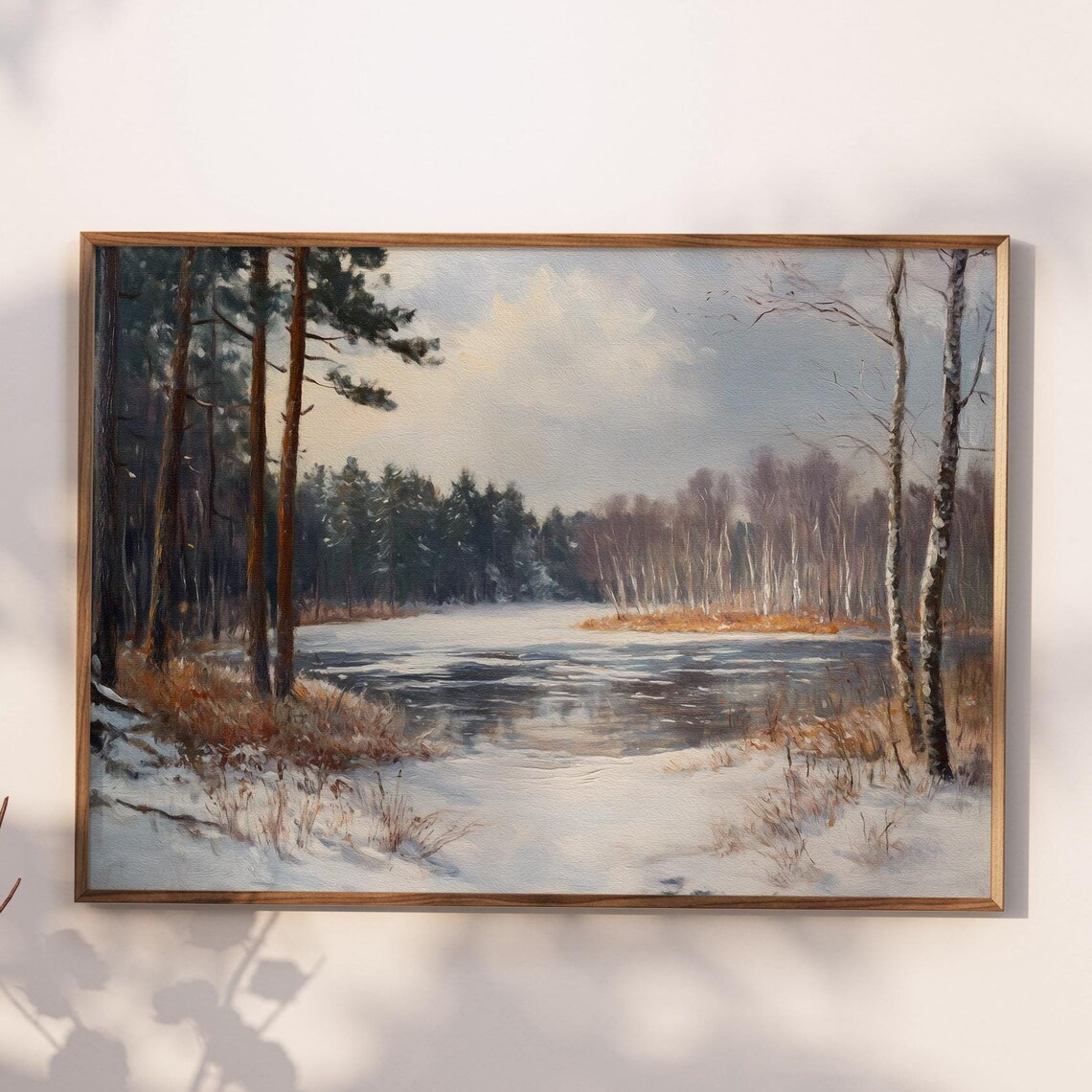 Vintage Frozen Lake Landscape Art Print, Winter Forest