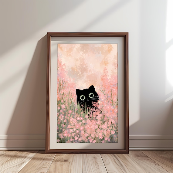 Black Cat in Pink Blossoms Cute Nursery Minimalist Animal Art Poster