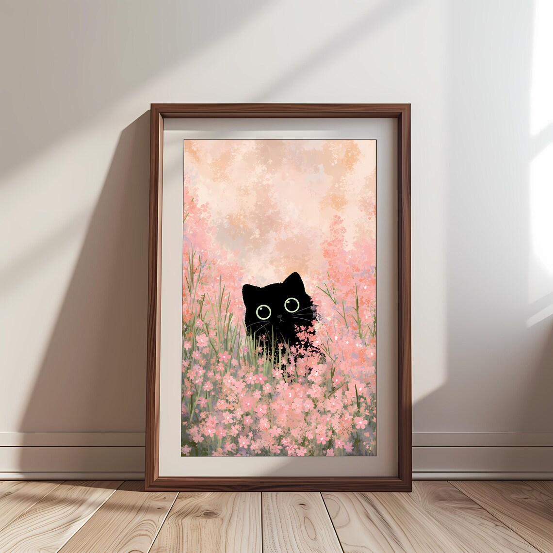 Black Cat in Pink Blossoms Cute Nursery Minimalist Animal Art Poster