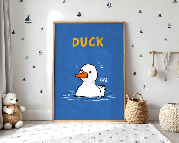 Cute Duck Print Minimalist Nursery Wall Art Funny Kids Room Decor Cheerful Animal Poster Gender Neutral Baby Shower Gift