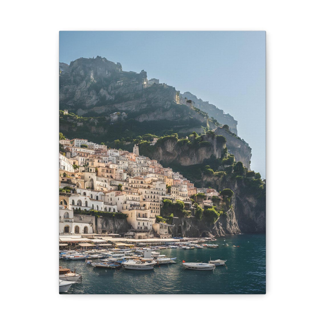 Sunlit Hillside Coastal Village with Fishing Boats Harbor Art Poster