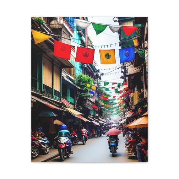 Busy Vietnamese Street With Flags And Motorbikes Daily Life Poster