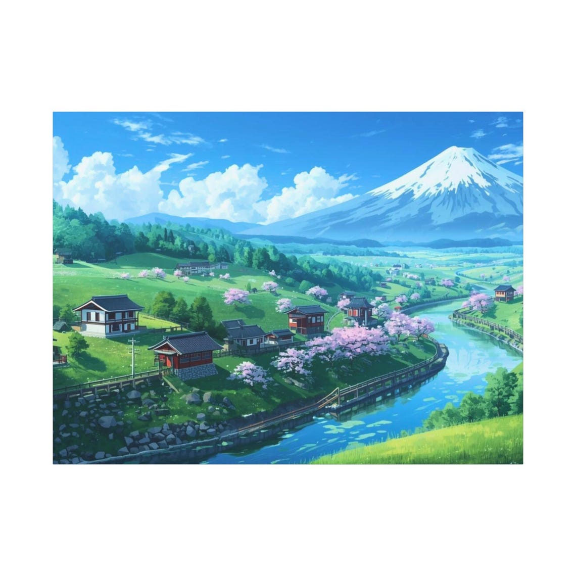 Mount Fuji Cherry Blossom Village Anime Style Landscape Poster