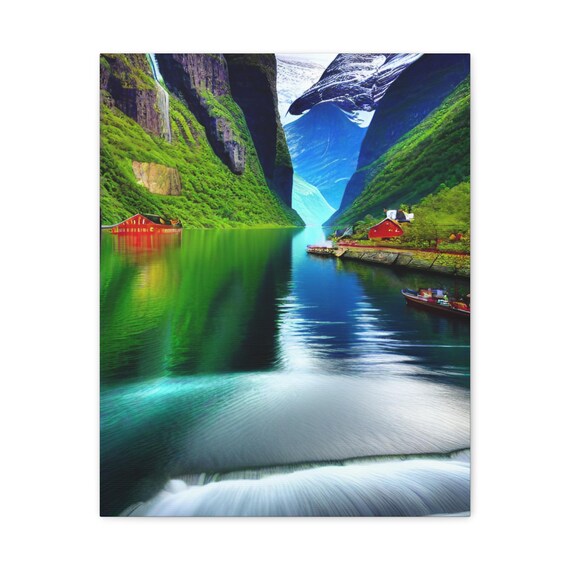 Fjord Landscape Turquoise Water Waterfall Red Cabins Cliffs Poster