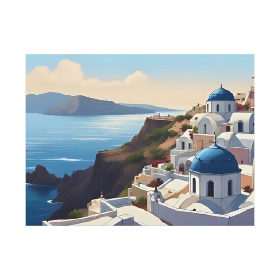 Santorini Blue Domes Caldera Painted Village Greece Aegean Poster