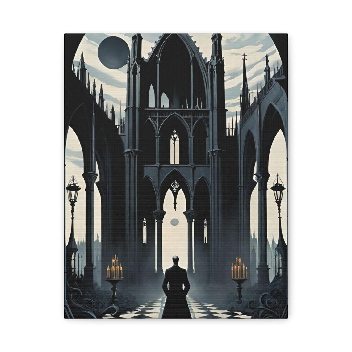 Gothic Cathedral Dark Academia Lone Figure Moonlit Art Poster