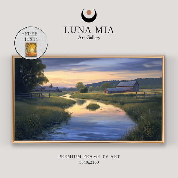 Tranquil Countryside River Painting For Frame Tv Rustic Charm Artwork For Home Decor Landscape Art Print