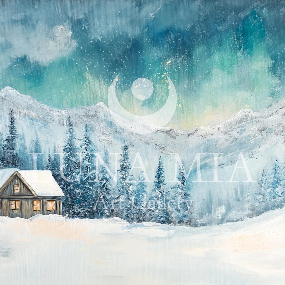 Log Cabin In A Snowy Mountain Valley Under A Starry Winter Sky Poster - Image 5