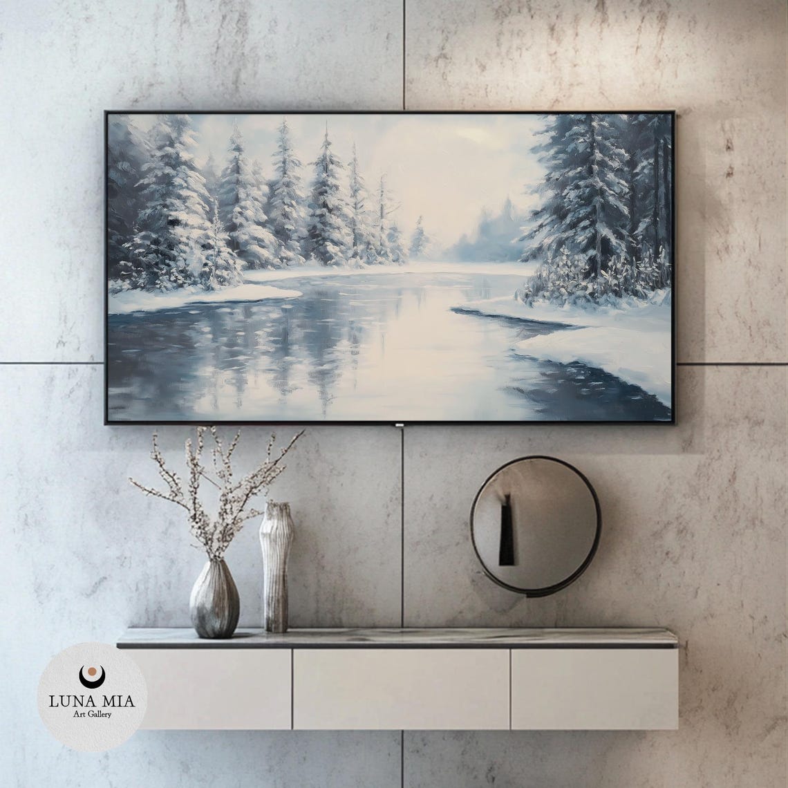 Snowy Pine Trees Around Frozen River Tranquil Winter Scene Poster - Image 2