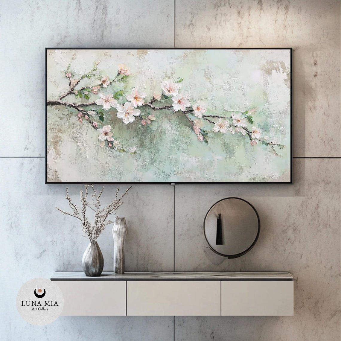 Delicate Cherry Blossom Branch On A Sage Green Textured Art Poster - Image 2
