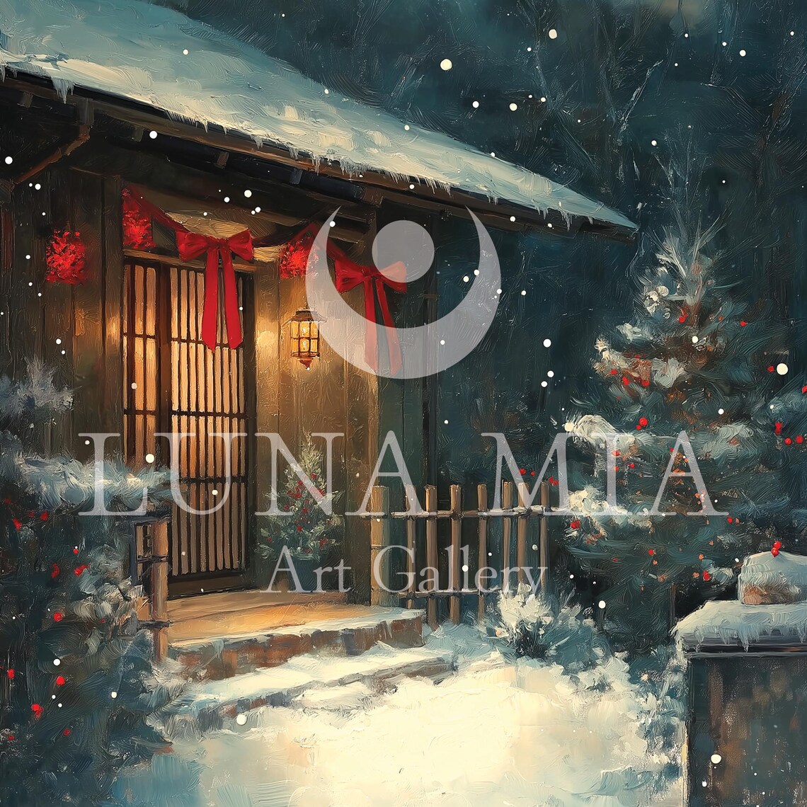 Snowy Japanese Tea House Christmas Night Oil Painting Poster - Image 5