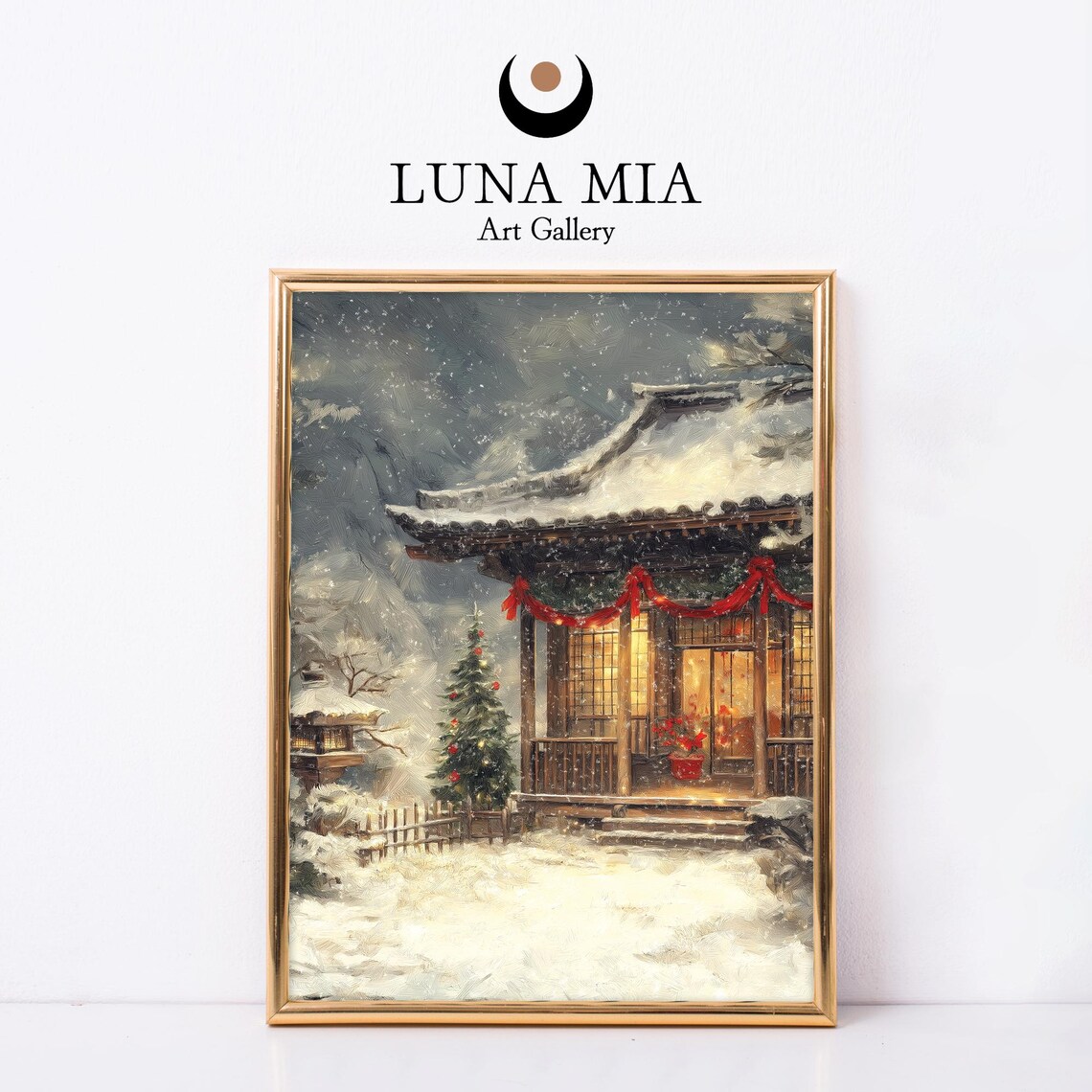 Japanese Tea House Winter Christmas Snowfall Oil Painting Poster