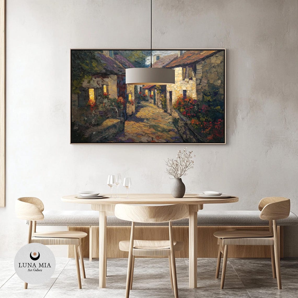 Cobblestone Village Street At Dusk With Glowing Windows Floral Poster - Image 3