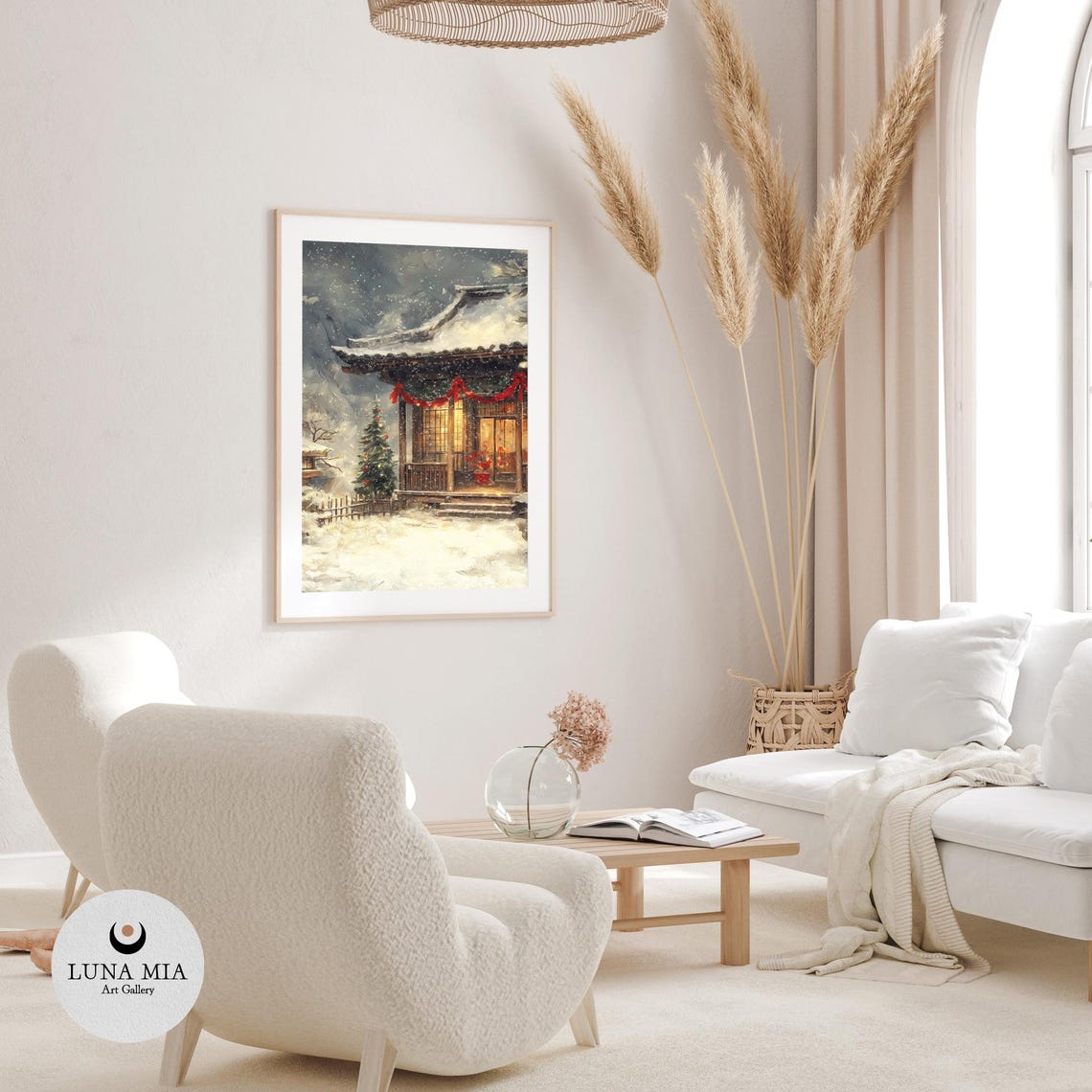 Japanese Tea House Winter Christmas Snowfall Oil Painting Poster - Image 3