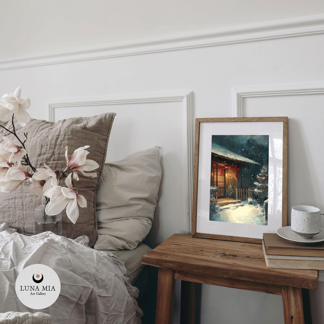 Snowy Japanese Tea House Christmas Night Oil Painting Poster - Image 2