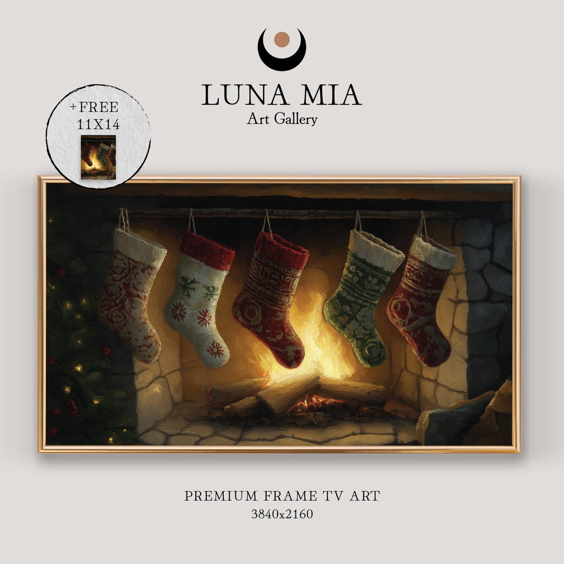 Cozy Christmas Fireplace with Hanging Stockings Warm Holiday Poster