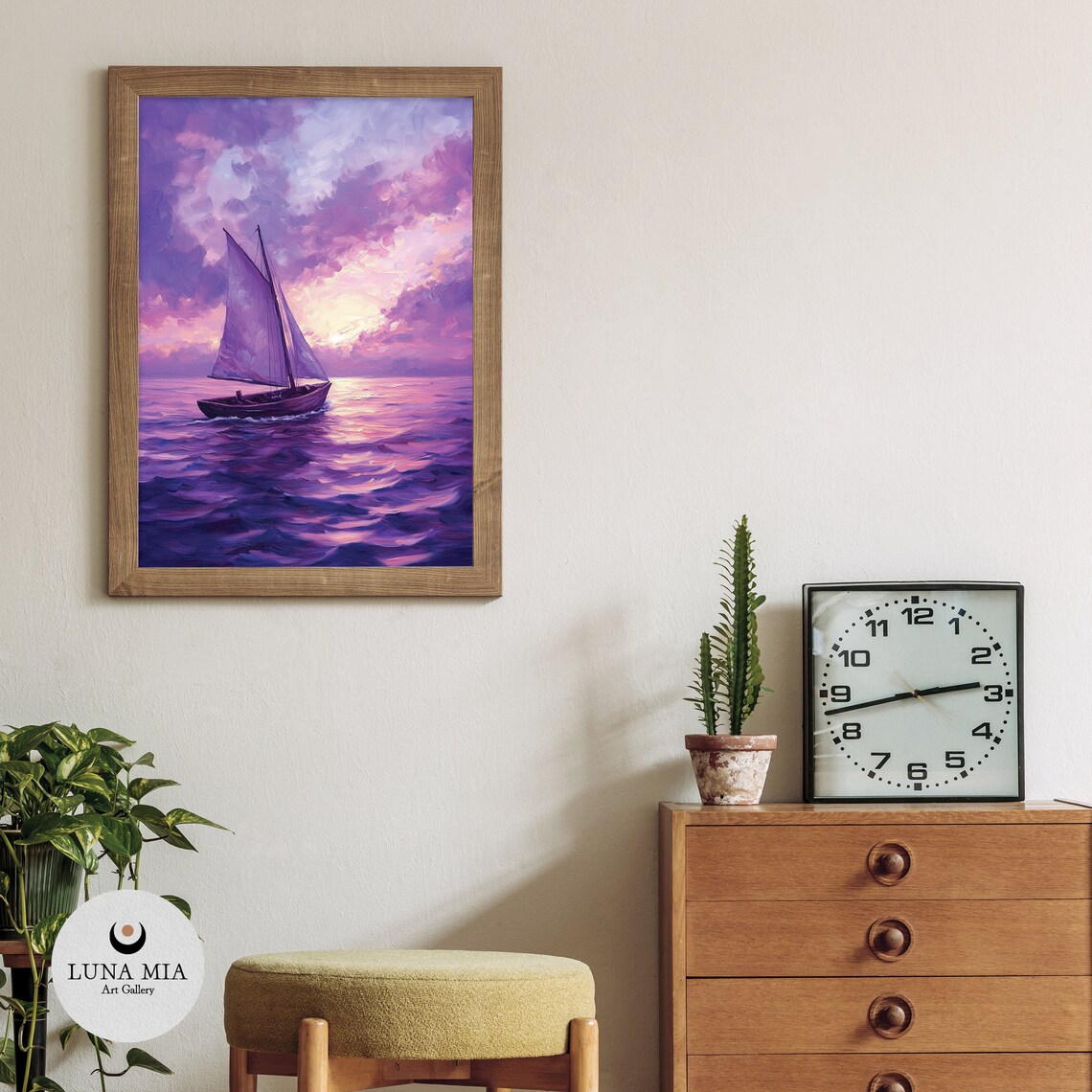 Lone Purple Sailboat Sailing Violet Sea at Sunset Art Poster - Image 3