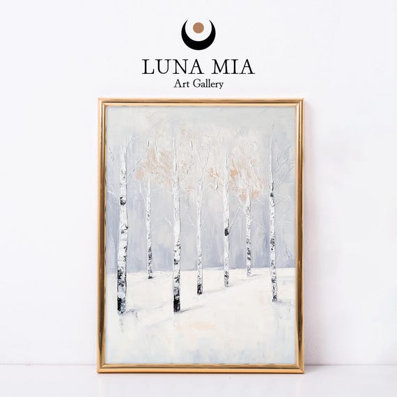White Forest Oil Painting Vintage Minimalist Tree Art