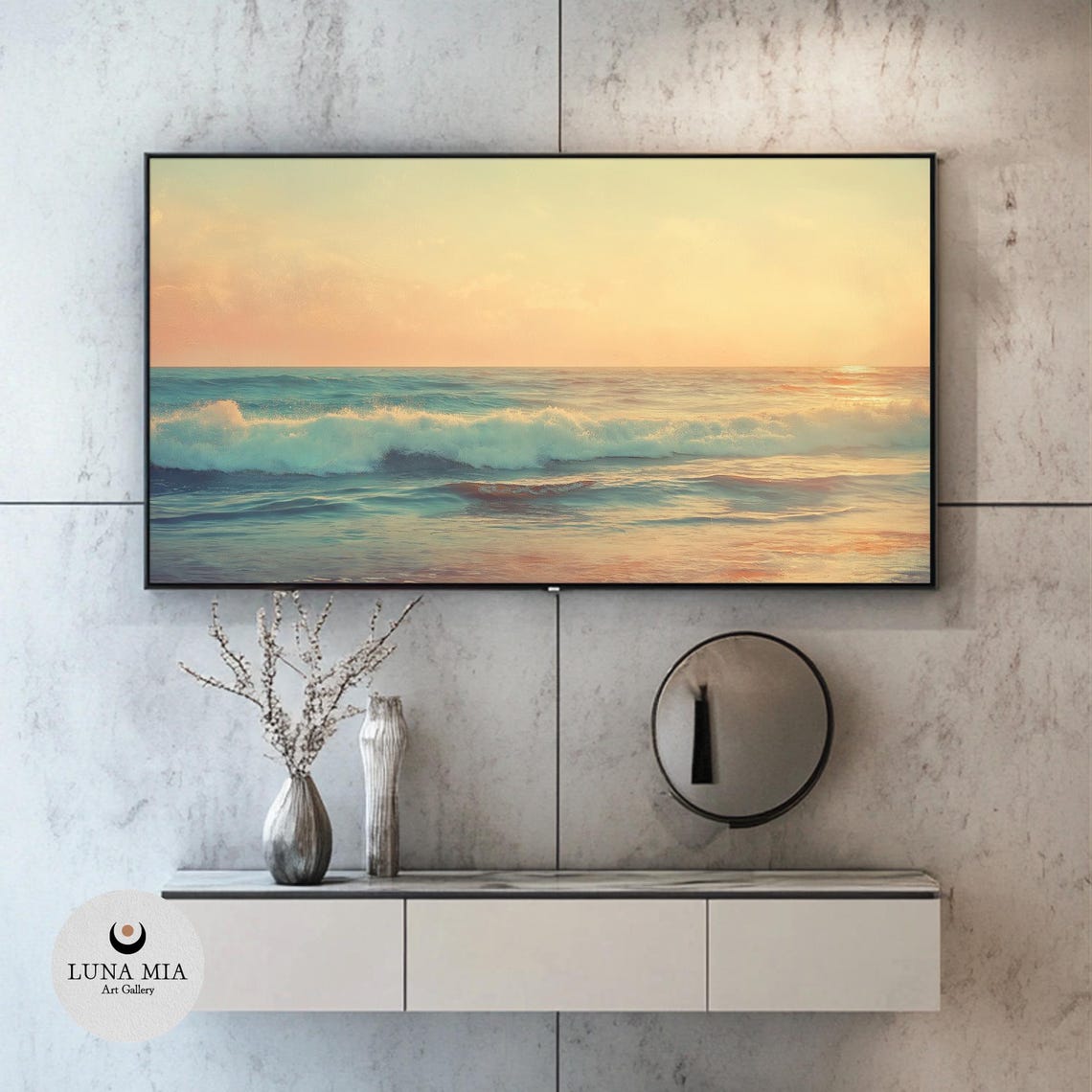 Golden Sunset Waves Rolling Over A Calm Ocean Seascape Painting Poster - Image 2