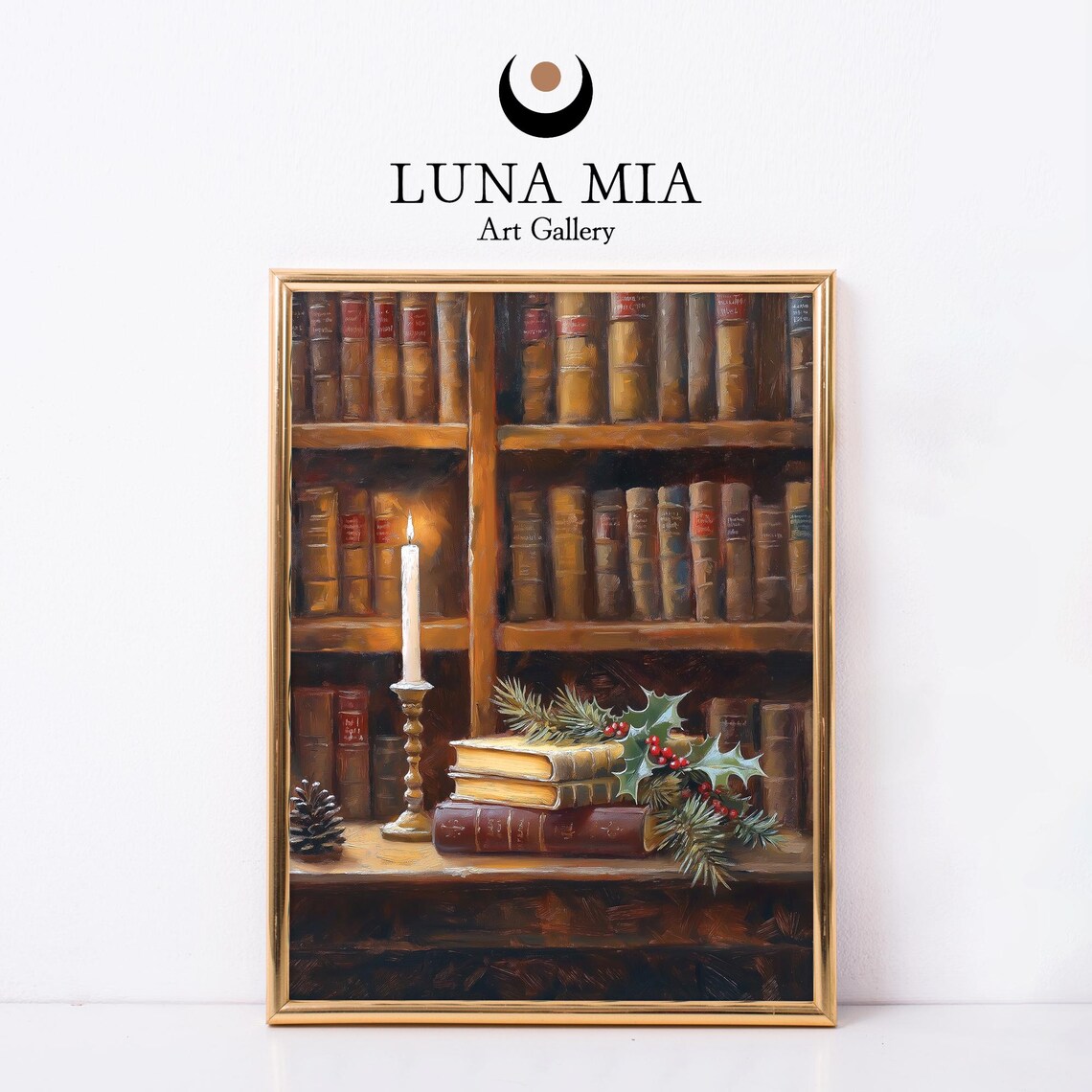 Vintage Cozy Christmas Library Bookshelf Candle Oil Painting Poster