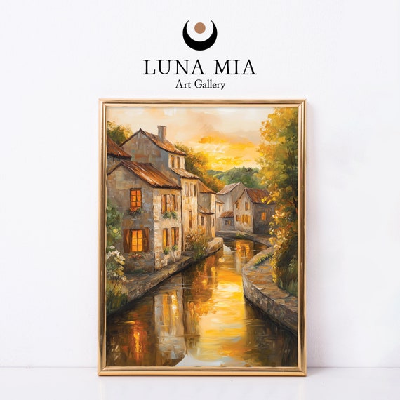 Enchanting European Village By The River Oil Painting Wall Art Print Vintage Style For Home Decor