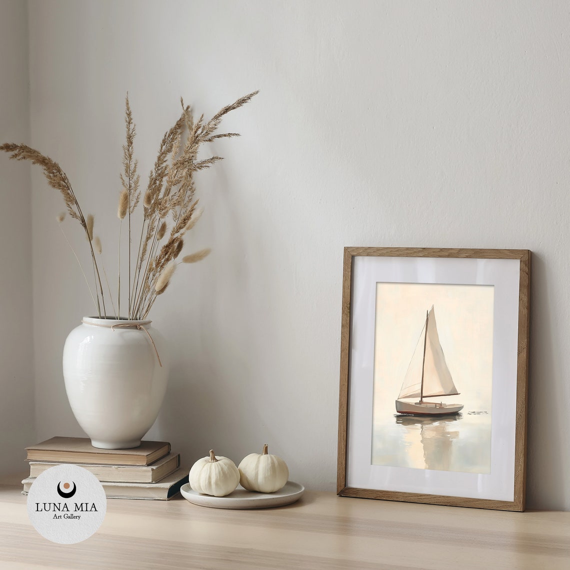 Minimalist White Sailboat Calm Sea Soft Beige Sailing Art Poster - Image 5