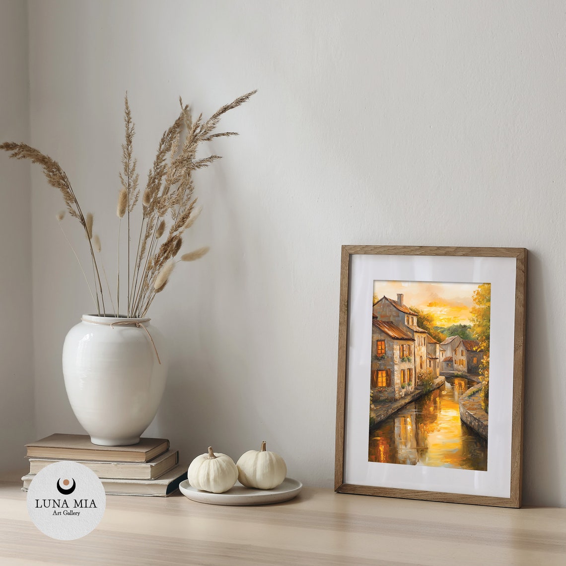 Glowing Golden Sunset Over Village Canal Reflections Art Poster - Image 5