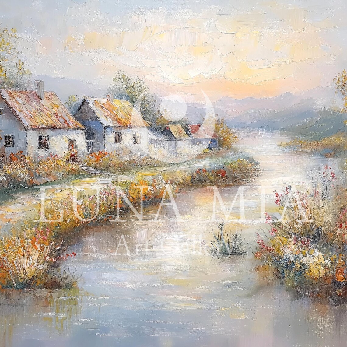 Rustic Vintage Countryside Art, Serene River Village - Image 5