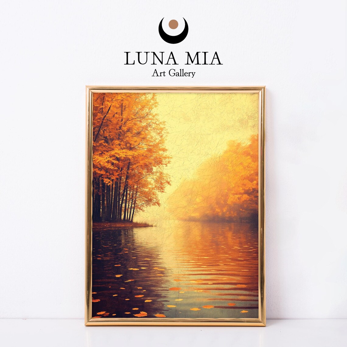 Golden Autumn Lake Reflection Floating Leaves Oil Painting Poster