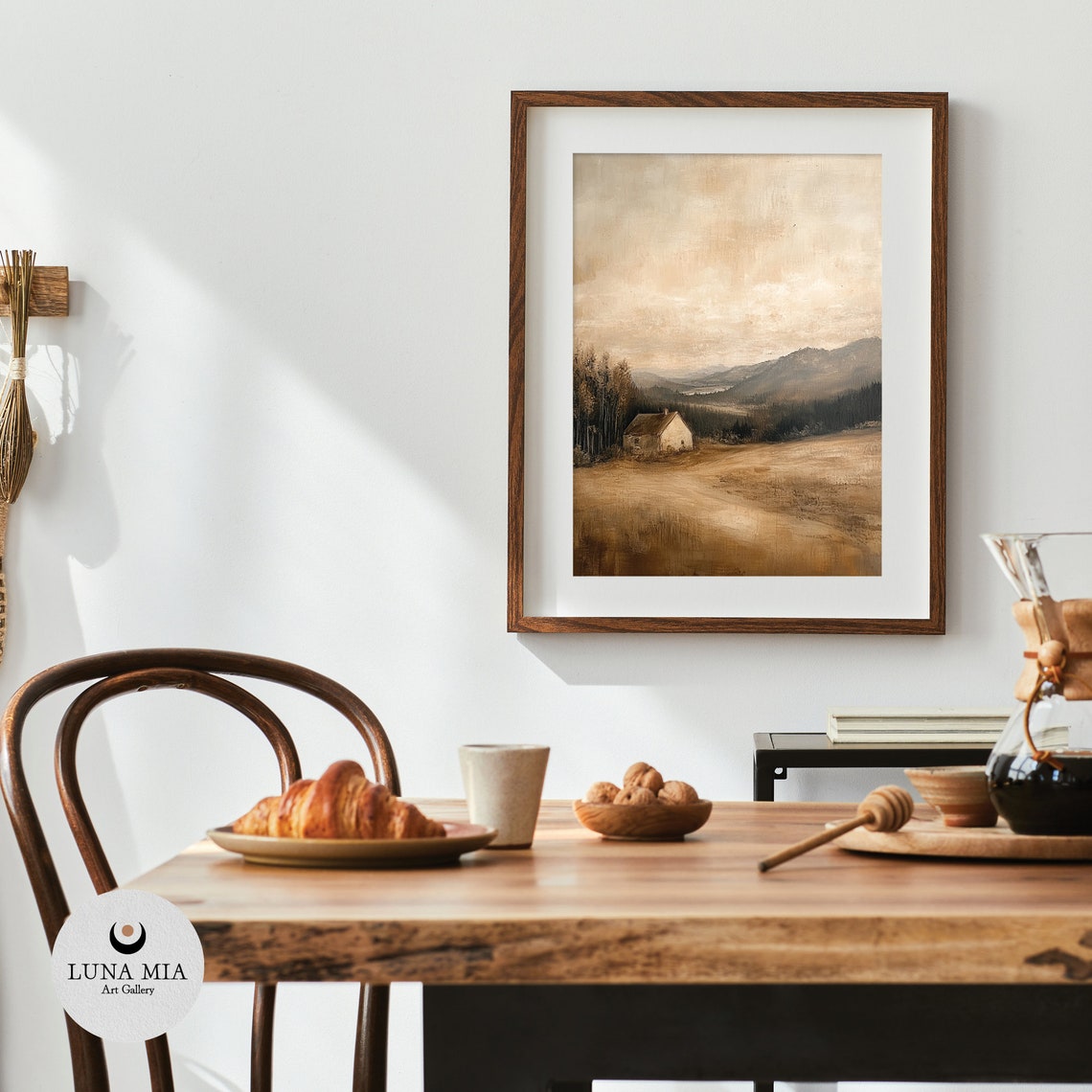 Lonely Sepia Cabin in Open Field Moody Mountain Landscape Poster - Image 4