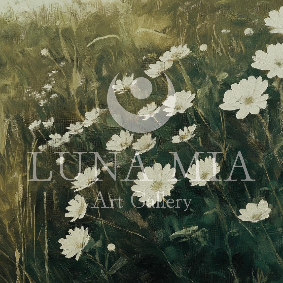 White Daisies in Green Meadow Rustic Wildflower Landscape Poster - Image 4