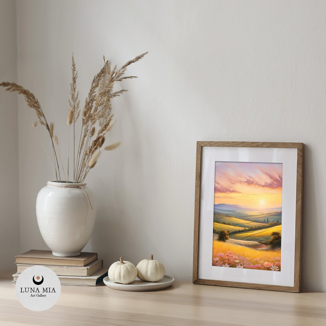 Spring Valley Sunset Golden Hills Pink Cosmos Field Oil Painting Poster - Image 4
