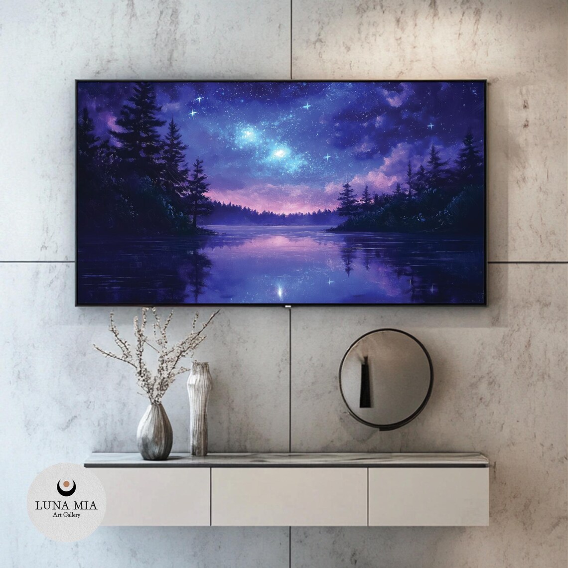 Starry Purple Night Sky Over A Mirror Lake With Pine Silhouettes Poster - Image 2