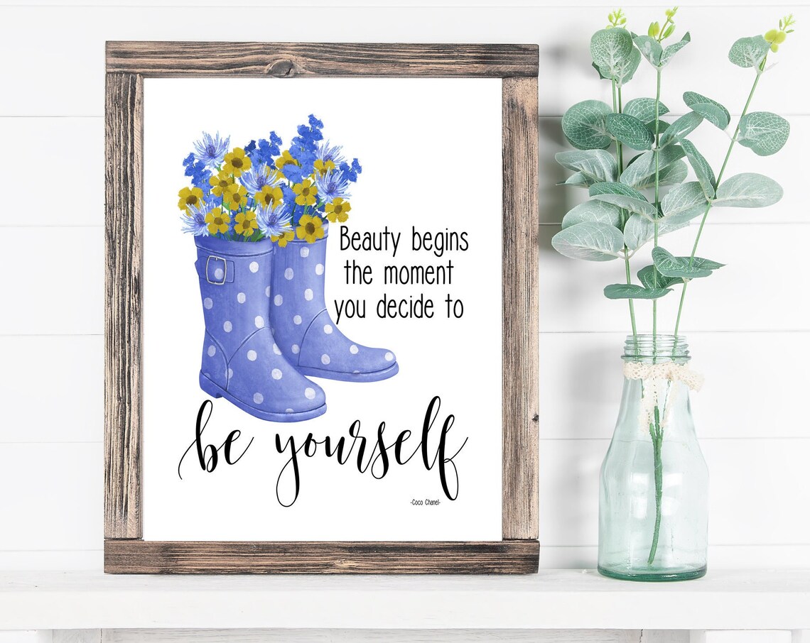 Coco Chanel Be Yourself Polka Dot Rain Boots Floral Quote Poster