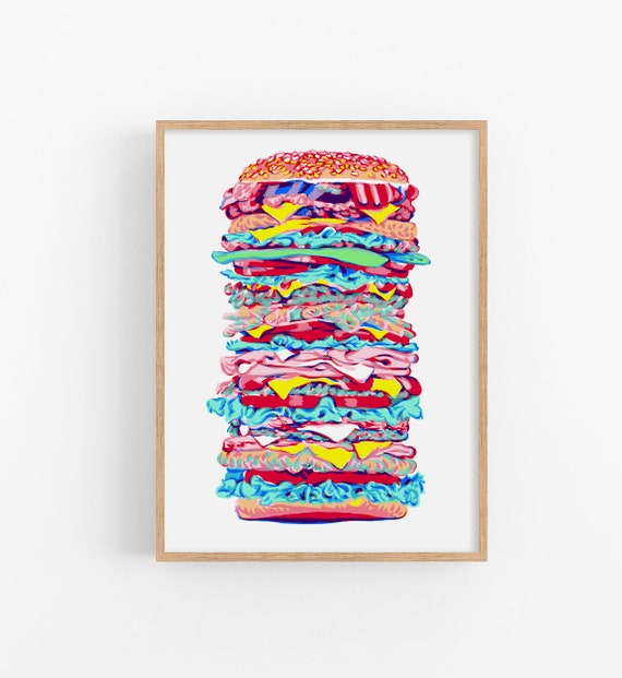 Burger Art Print Food Graphic Wall Kitchen Artwork Hamburger Illustration Simple Colorful Pop Large Cheesburger Fast Poster