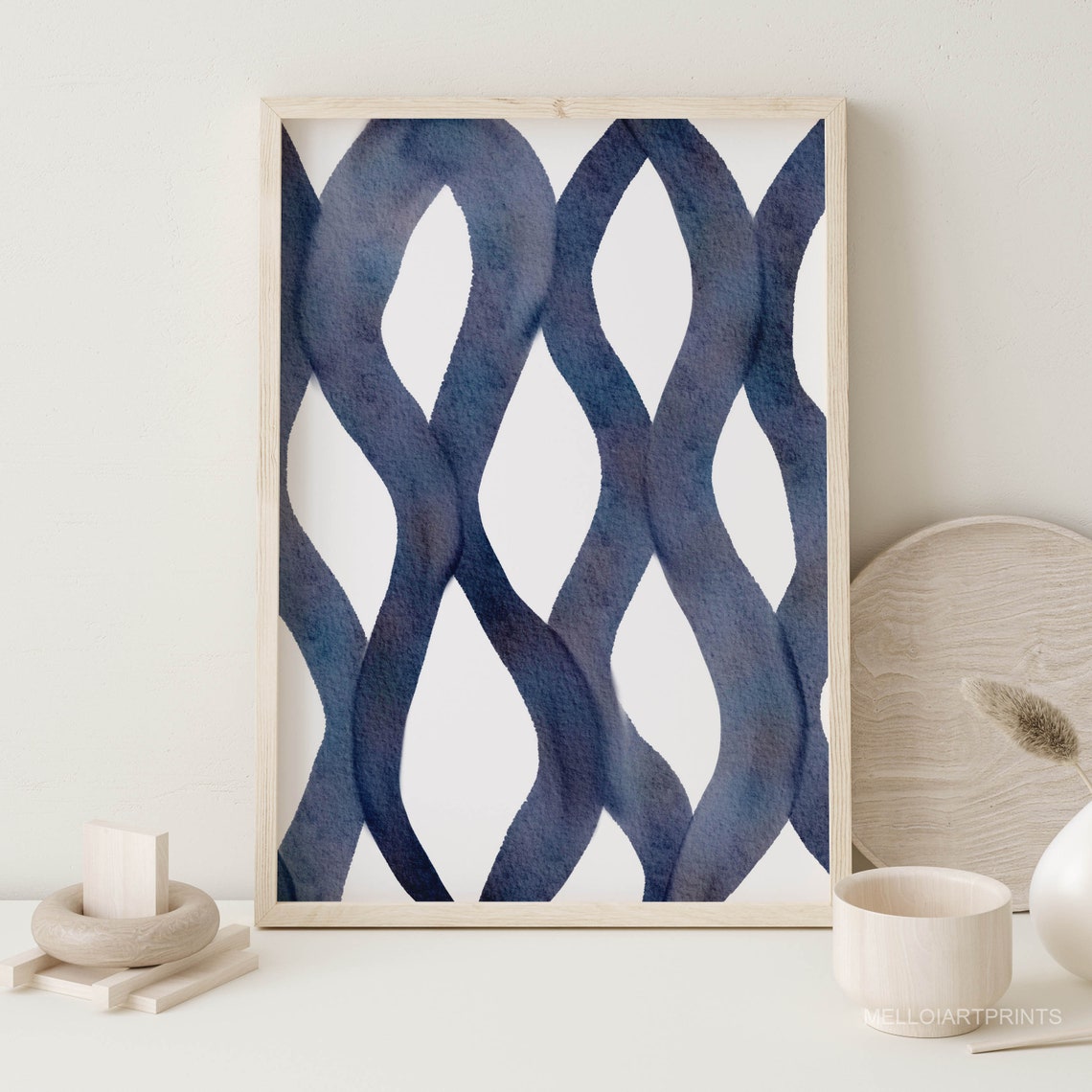 Navy Blue Wavy Lattice Lines White Abstract Watercolor Pattern Poster