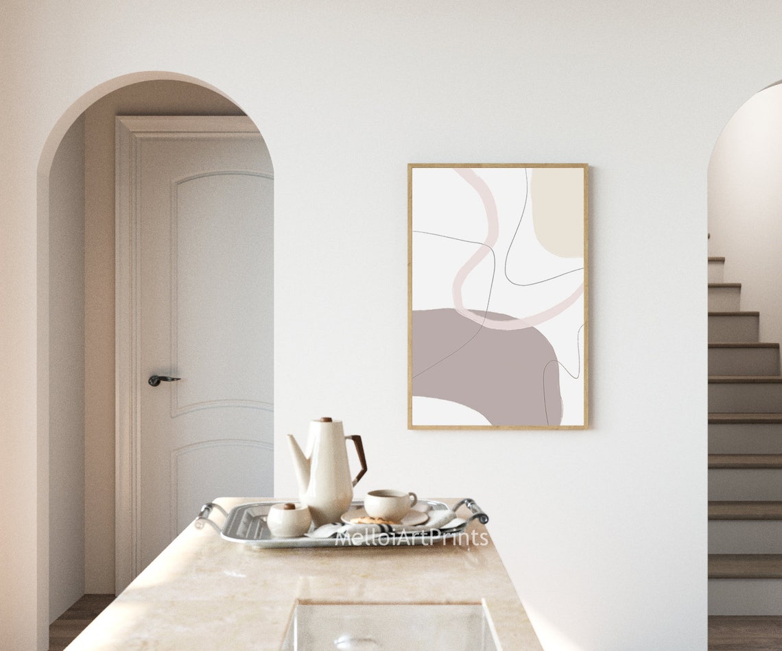 Neutral Beige Abstract Line Art Soft Curves Modern Wall Poster - Image 2