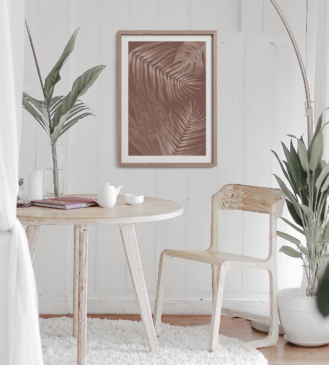 White Palm Leaves Terracotta Background Tropical Watercolor Poster - Image 2
