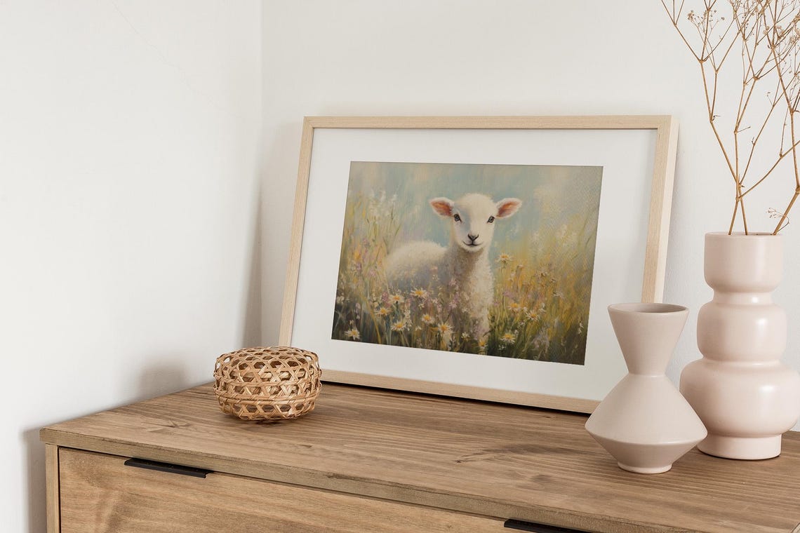 Lamb In Wildflower Meadow Art Print Farmhouse Nursery Decor Pastel Spring Lamb Illustration Rustic Animal Wall Art - Image 3