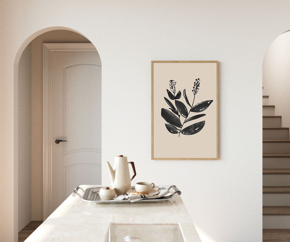 Black Botanical Branch Berries Ink Art Beige Minimalist Wall Poster - Image 3