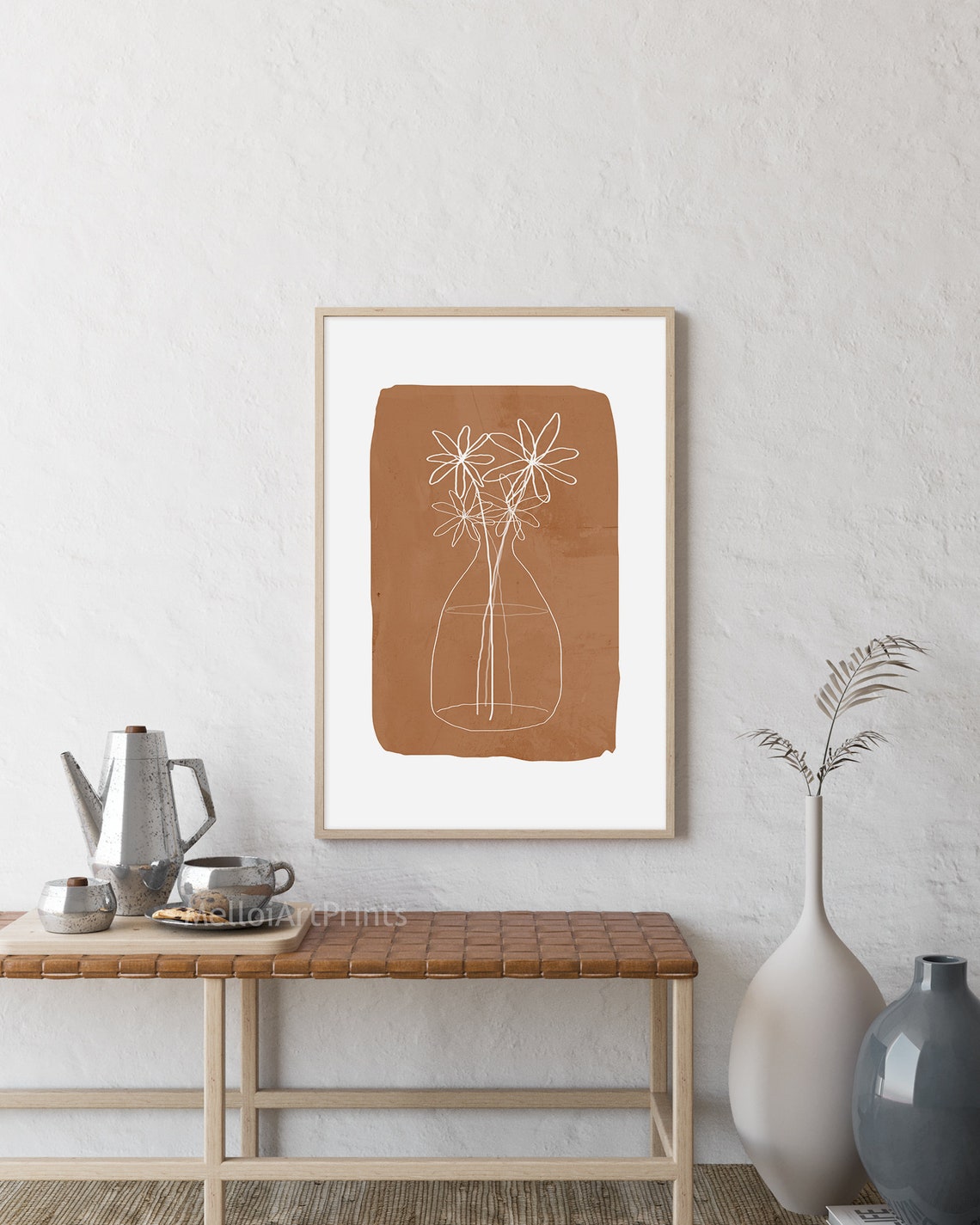White Line Flowers Vase on Terracotta Minimalist Botanical Poster - Image 2