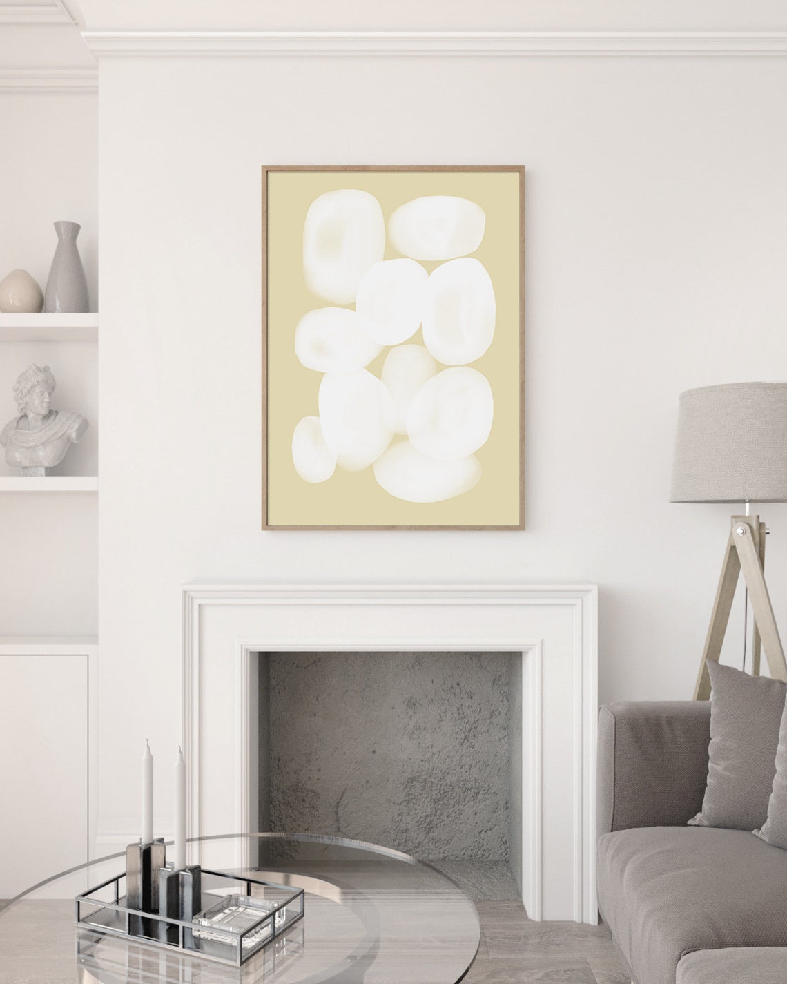 White Pebble Shapes on Mustard Yellow Soft Organic Abstract Art Poster - Image 3