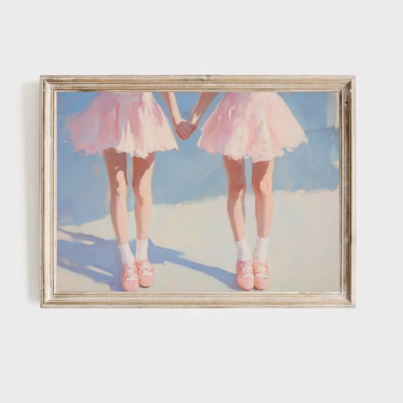 Sweet Girls In Pink Tutus Holding Hands Ballet Dance Art Poster