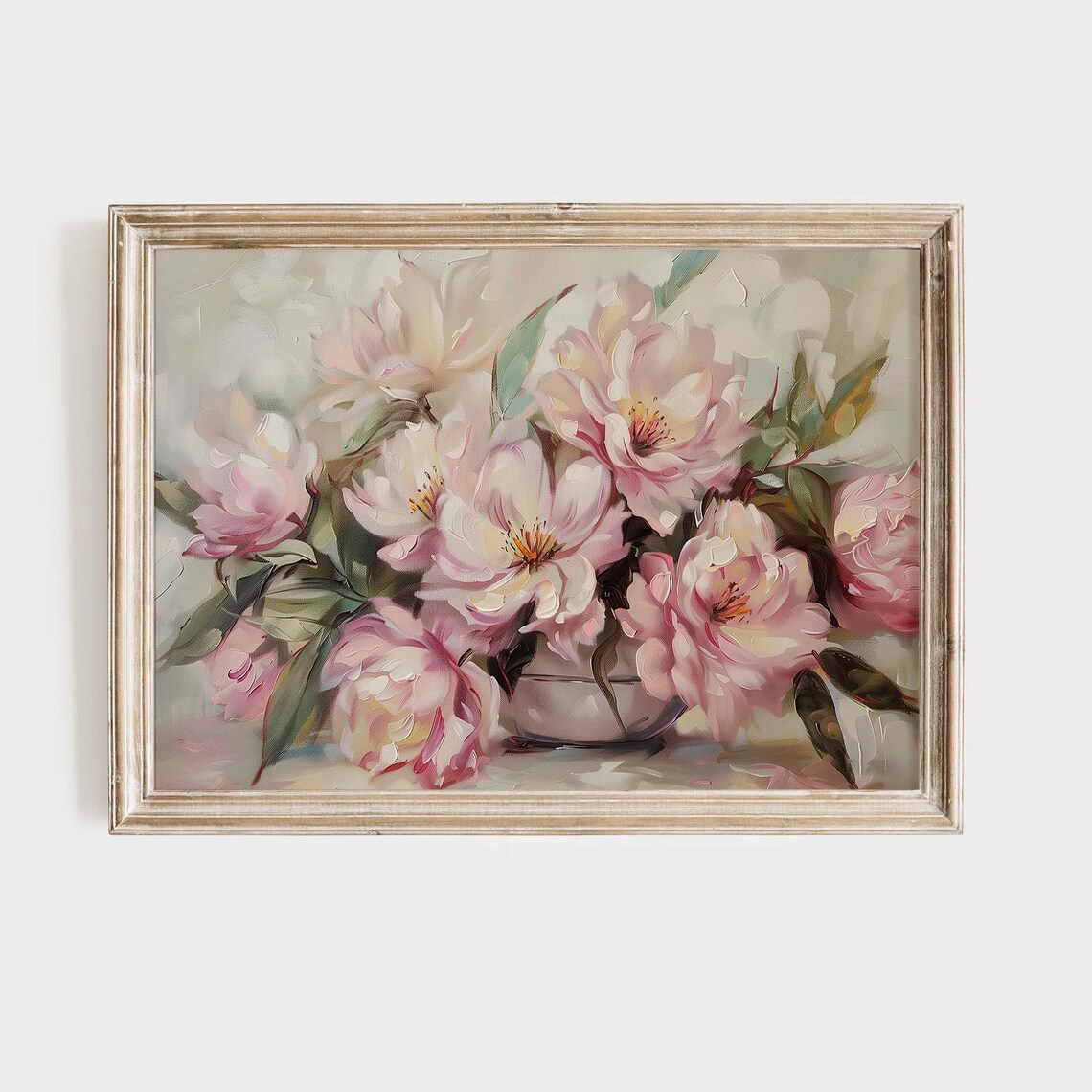 Vintage Pink Peonies Vase Oil Painting Floral Bouquet Art Poster