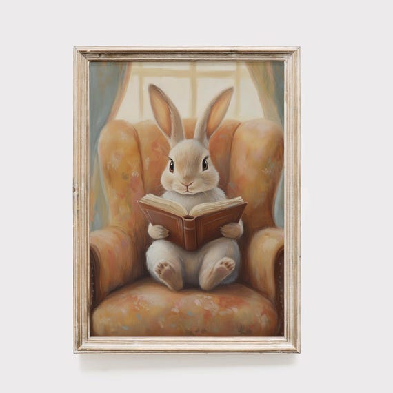 Bunny Reading Art Print Rabbit Illustration Nursery Wall Decor Childrens Book Lover Gift