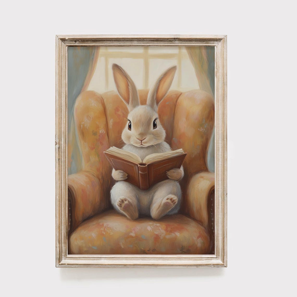 Bunny Reading Book Nursery Art Rabbit Painting Children Wall Poster