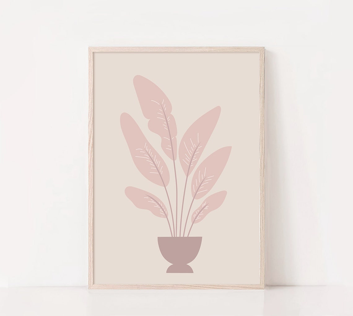 Blush Pink Potted Plant Minimalist Botanical Illustration Wall Art