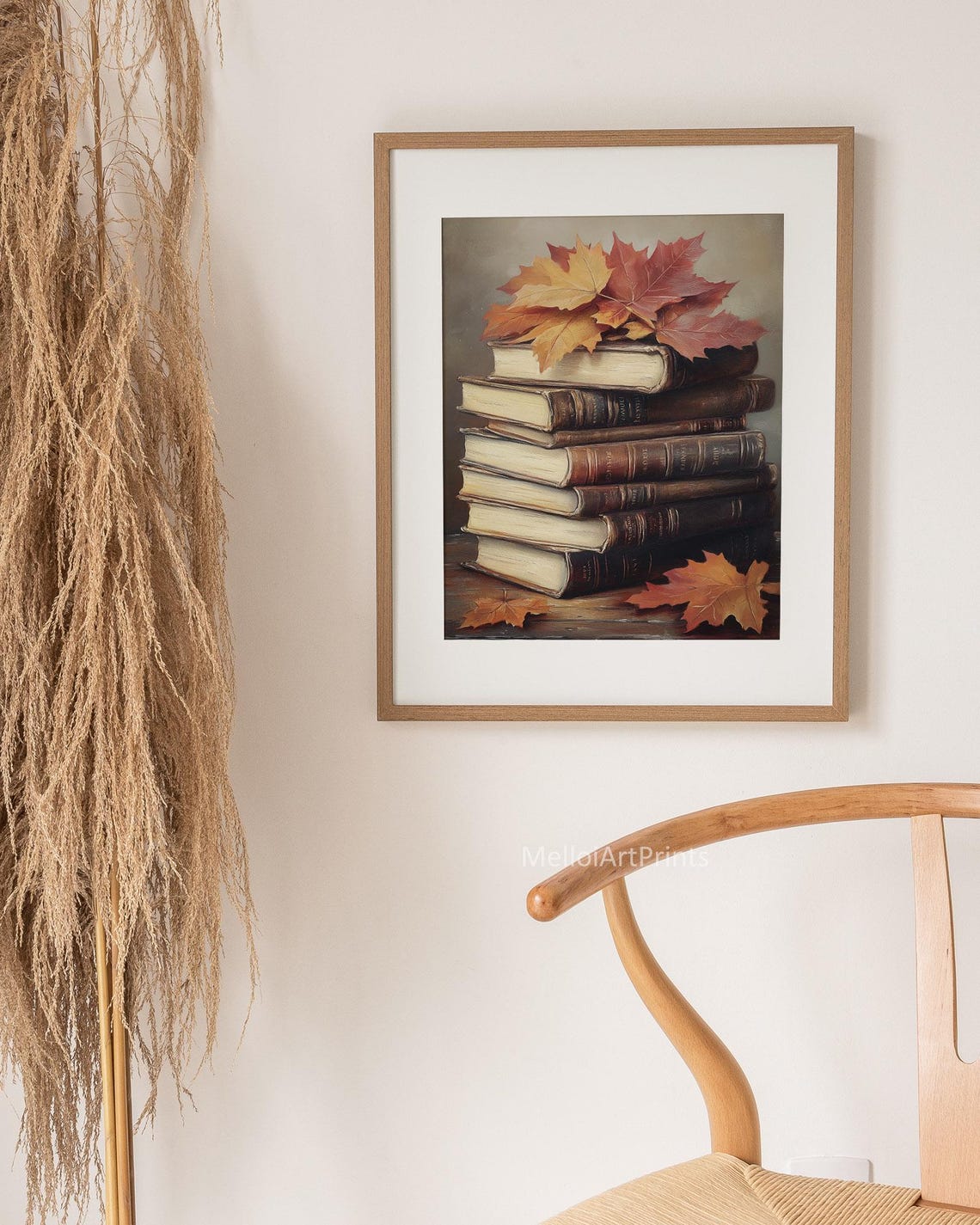 Vintage Autumn Books Painting Fall Maple Leaves Library Wall Poster - Image 2