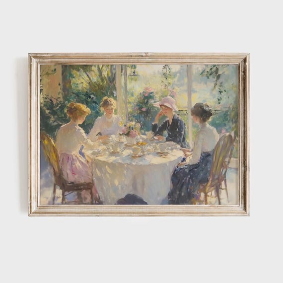 Vintage Tea Party Art Print Impressionist Garden Scene Ladies Luncheon Painting Elegant Outdoor Gathering Pastel Color Artwork